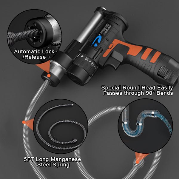 Cordless Drain Auger - 12V Battery Power Drain Snake with 5 ft Steel Cable, for Toilets, Sinks, Tubs and Showers