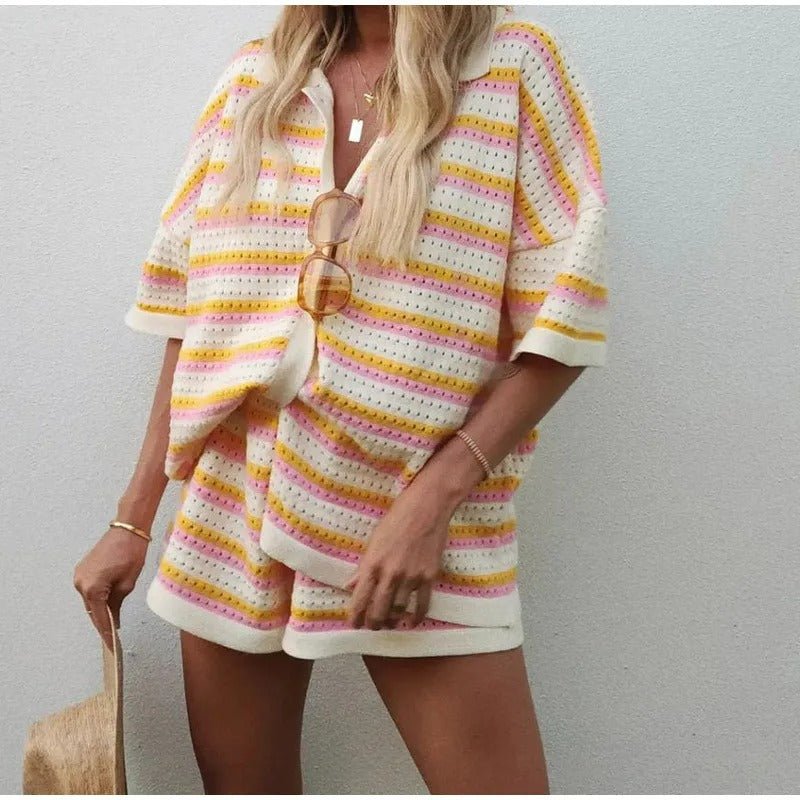 Elegant Lapel Half-Sleeve Top and High-Waist Shorts Set - Loose Casual Single-Breasted Outfit