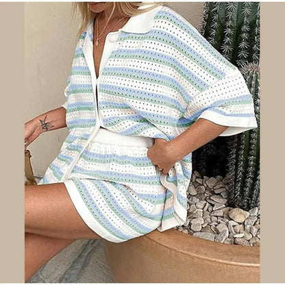 Elegant Lapel Half-Sleeve Top and High-Waist Shorts Set - Loose Casual Single-Breasted Outfit