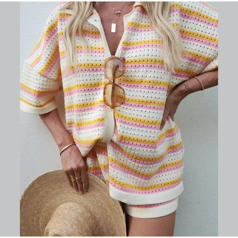Elegant Lapel Half-Sleeve Top and High-Waist Shorts Set - Loose Casual Single-Breasted Outfit