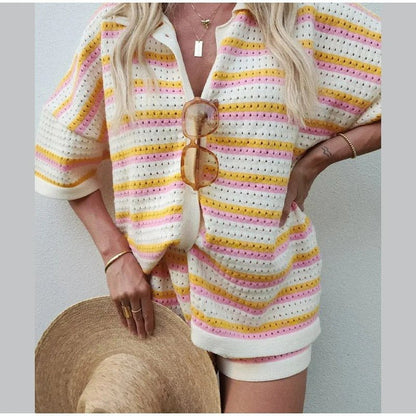 Elegant Lapel Half-Sleeve Top and High-Waist Shorts Set - Loose Casual Single-Breasted Outfit