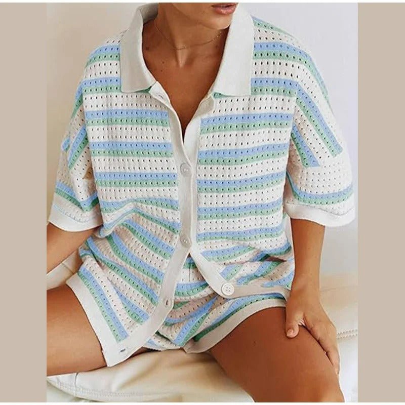 Elegant Lapel Half-Sleeve Top and High-Waist Shorts Set - Loose Casual Single-Breasted Outfit
