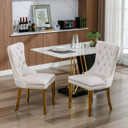 Elegant Velvet Dining Chair - Solid Wood Chair with Velvet Cushion, Gold-plated Stainless Steel Chair Legs, and Nail Head Decoration, 2pcs Set