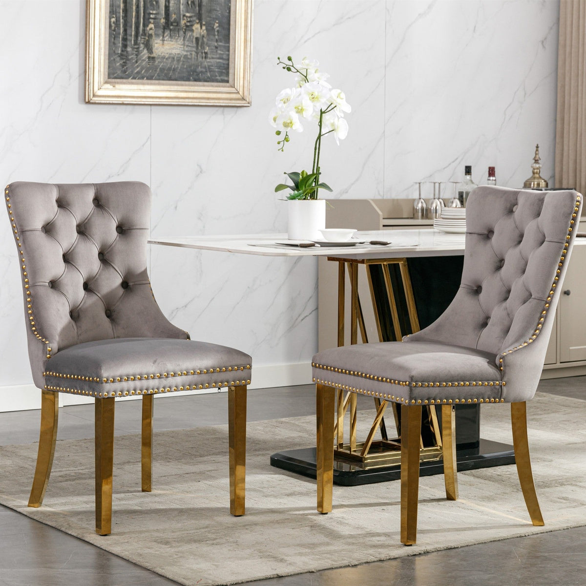 Elegant Velvet Dining Chair - Solid Wood Chair with Velvet Cushion, Gold-plated Stainless Steel Chair Legs, and Nail Head Decoration, 2pcs Set
