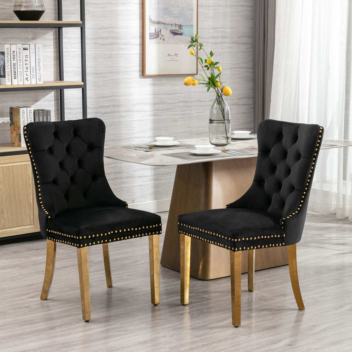 Elegant Velvet Dining Chair - Solid Wood Chair with Velvet Cushion, Gold-plated Stainless Steel Chair Legs, and Nail Head Decoration, 2pcs Set