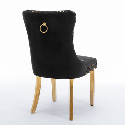 Elegant Velvet Dining Chair - Solid Wood Chair with Velvet Cushion, Gold-plated Stainless Steel Chair Legs, and Nail Head Decoration, 2pcs Set