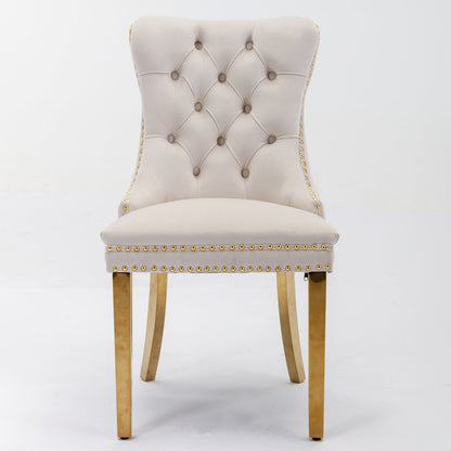 Elegant Velvet Dining Chair - Solid Wood Chair with Velvet Cushion, Gold-plated Stainless Steel Chair Legs, and Nail Head Decoration, 2pcs Set