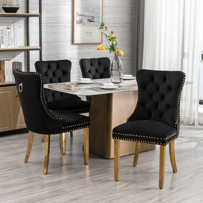 Elegant Velvet Dining Chair - Solid Wood Chair with Velvet Cushion, Gold-plated Stainless Steel Chair Legs, and Nail Head Decoration, 2pcs Set