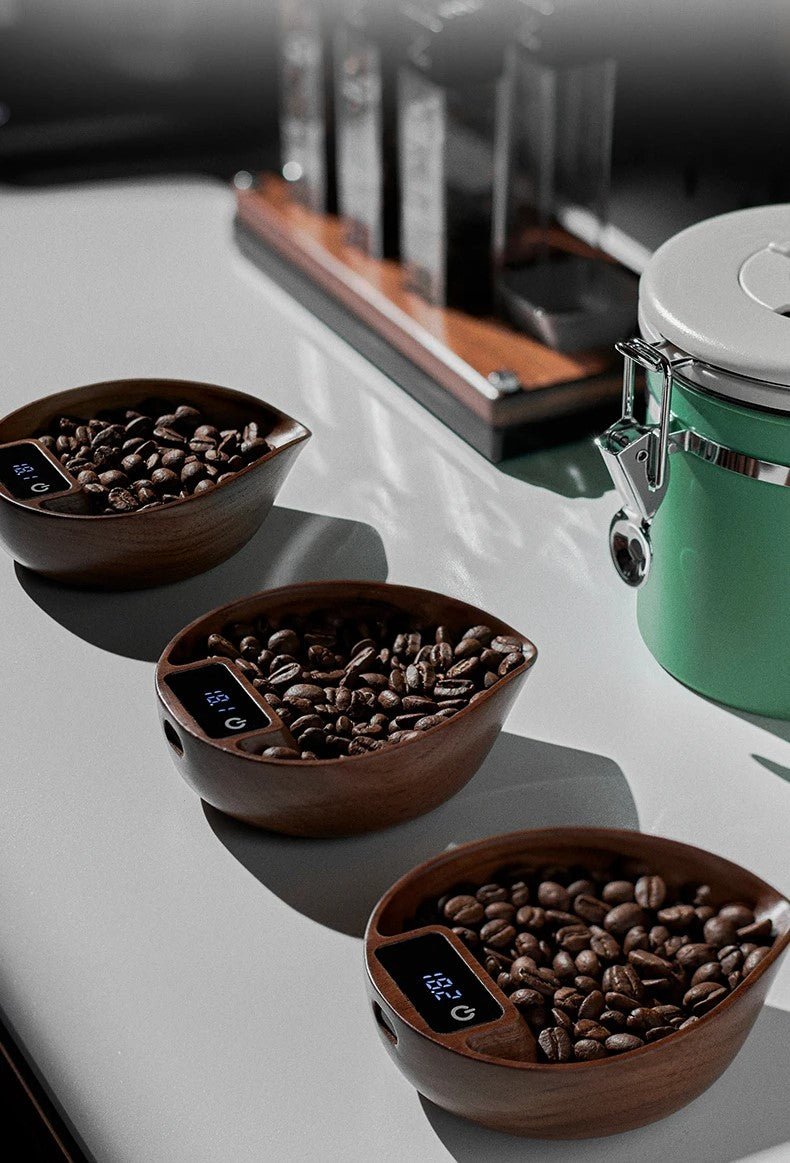 Espresso LED Scale with Walnut Bean Tray- Accurate Scale for Coffee Connoisseurs