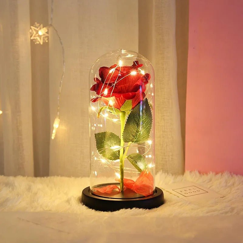 Eternal Rose Lamp - Red Rose Flower LED Light Artificial Flowers In Glass Dome Valentines Gift