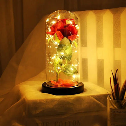 Eternal Rose Lamp - Red Rose Flower LED Light Artificial Flowers In Glass Dome Valentines Gift