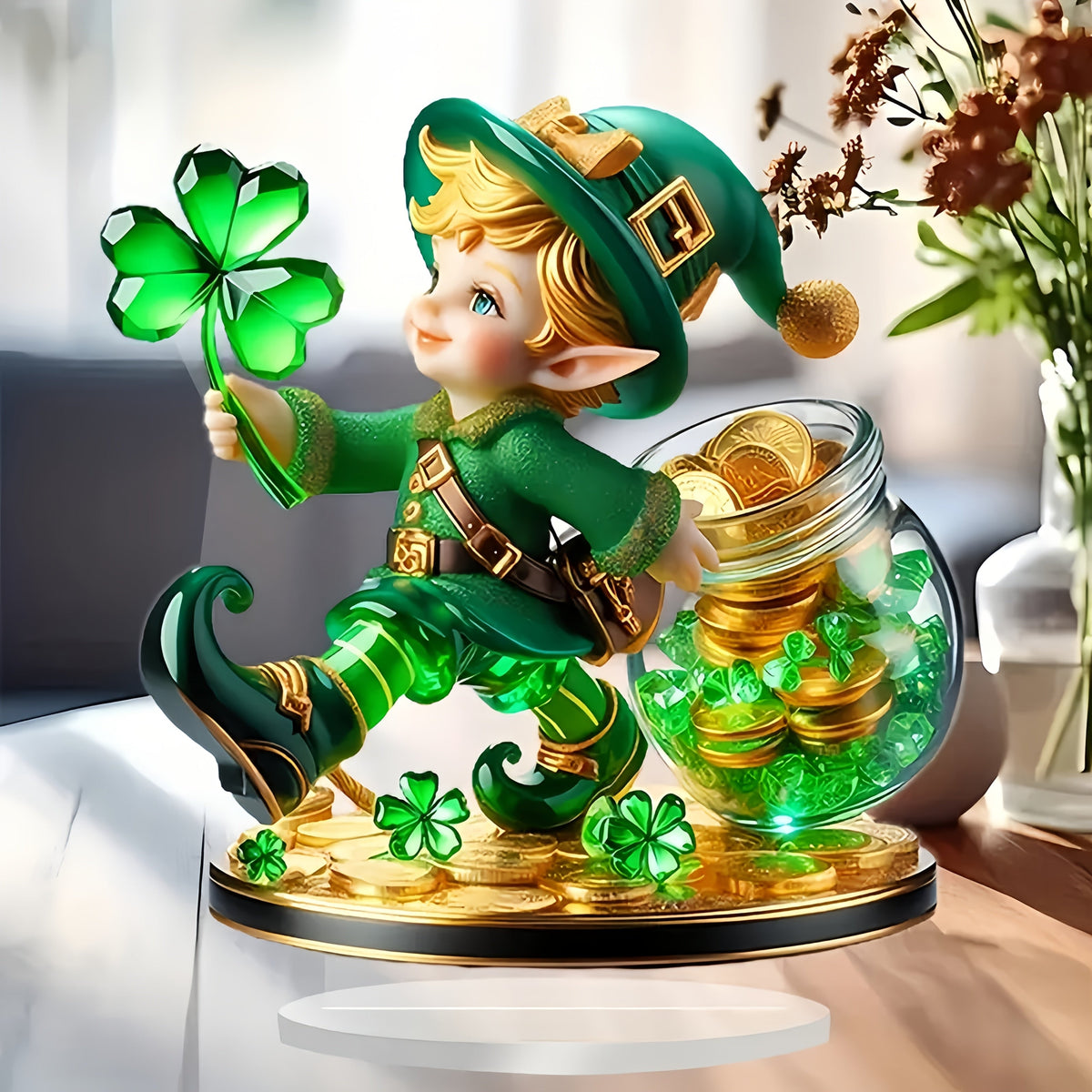 Acrylic Leprechaun Tabletop Décor – 2D Green Hat Shamrock Figurine with Gold Coins for Home Office St. Patrick’s Day Displays