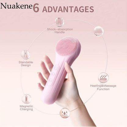 Rechargeable 2-in-1 Silicone Face Scrubber – Electric Cleansing & Heating Massage Brush with 5 Modes for Gentle, Effective Skincare