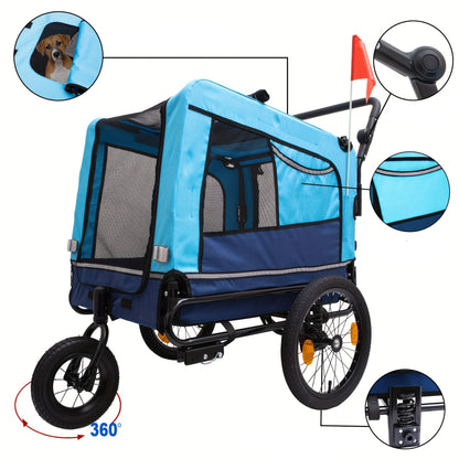 Foldable Heavy-Duty Dog Stroller Trailer – Blue Steel Frame & Polyester Pet Carrier for Outdoor Bicycle Travel, Supports 220lbs with Secure Mesh Enclosure