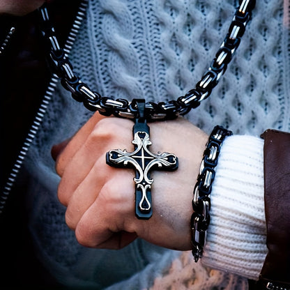 Vintage Men’s Necklace Set – Cuban Chain with Stainless Steel Cross Pendant for Street Style, Hip Hop and Daily Accessories