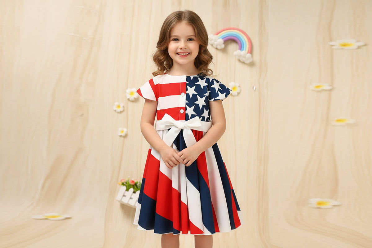 Girls’ Independence Day Twirl Dress – Red, White & Blue Stars & Stripes Short-Sleeve 4th of July Summer Dress