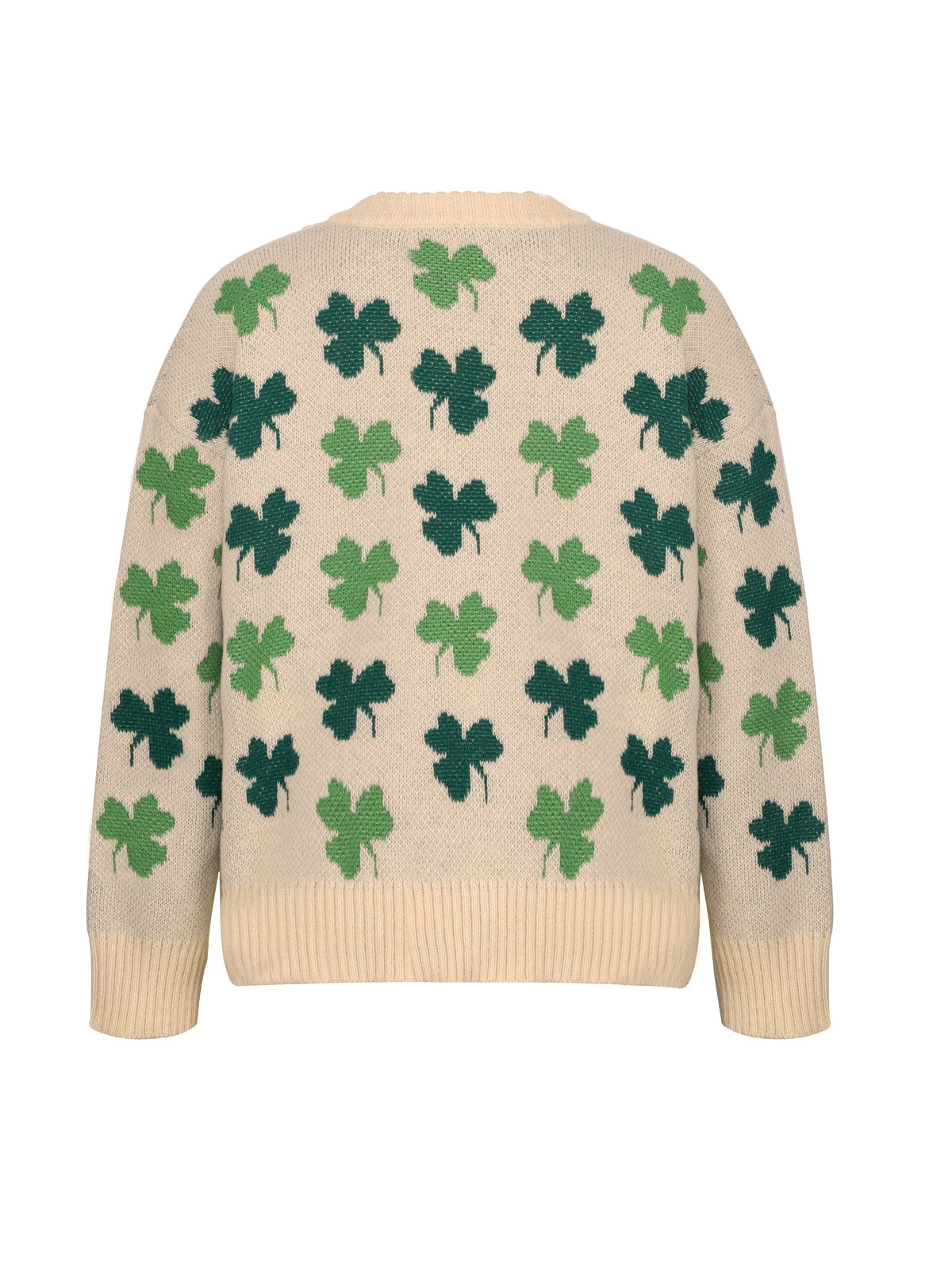 Women's Lucky Four-Leaf Clover Knit Sweater - Green & White Floral Pattern, Cozy Polyester Pullover for Casual Wear, Round Neck, Long Sleeve, 100% Polyester, Perfect for Spring & Fall, Ladies Sweaters