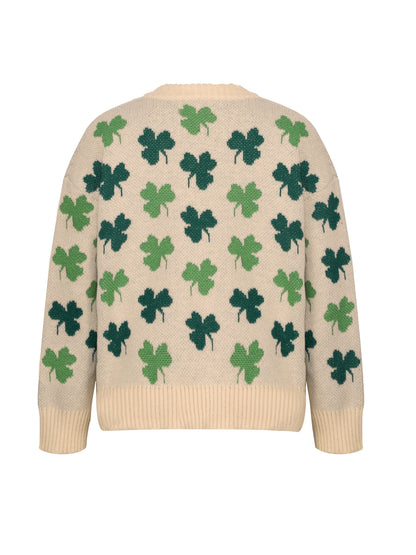 Women's Lucky Four-Leaf Clover Knit Sweater - Green & White Floral Pattern, Cozy Polyester Pullover for Casual Wear, Round Neck, Long Sleeve, 100% Polyester, Perfect for Spring & Fall, Ladies Sweaters