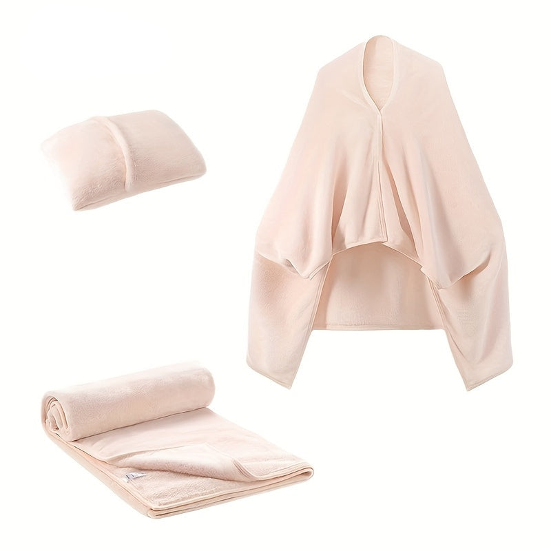 Wearable Flannel Shawl Blanket Pillow – 2-in-1 Travel Blanket with Sleeves & Button Closure for Office, Home & Flights