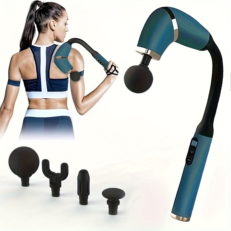 Rechargeable Deep Tissue Massage Gun – Long U-Shaped Handle with 4 Heads for Full-Body Relief, Muscle Recovery & Pain Therapy