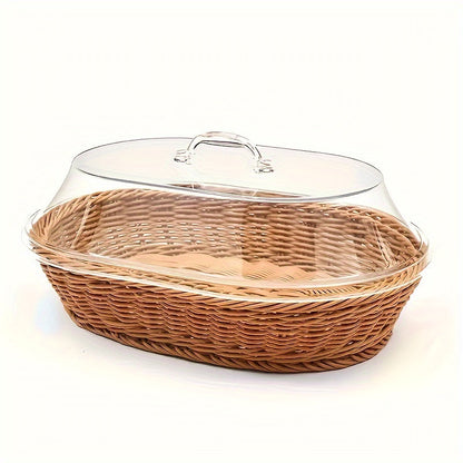 Classic Wicker Bread Basket with Clear Lid – Washable Display Tray for Kitchen Counters, Picnics, Buffets & Artisan Food Presentation