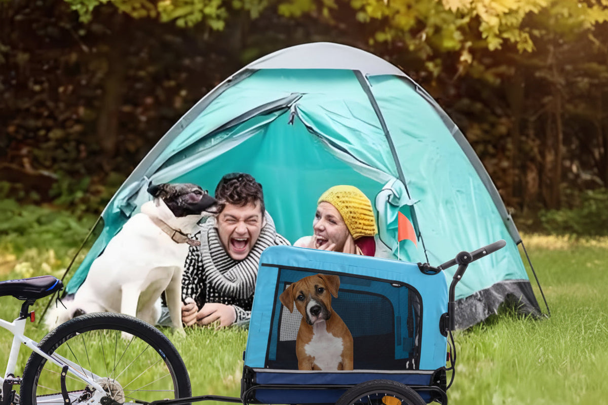 Foldable Heavy-Duty Dog Stroller Trailer – Blue Steel Frame & Polyester Pet Carrier for Outdoor Bicycle Travel, Supports 220lbs with Secure Mesh Enclosure