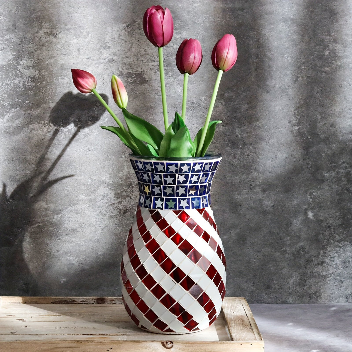 Glam Glass Teardrop Vase – Modern Striped Mosaic Red White Blue Botanical Design, Patriotic Art-Inspired Home Decor for Independence Day, Memorial Day, or Creative Festive Centerpieces