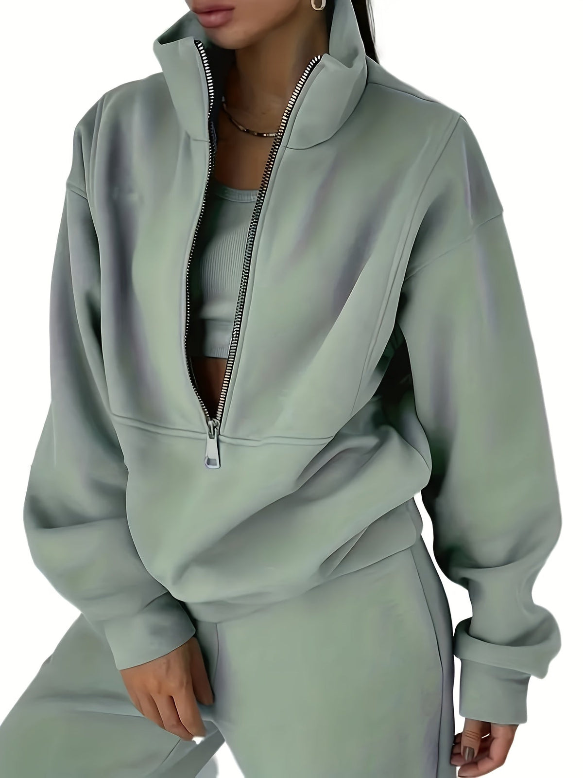 Women’s Two-Piece Zip Sweatshirt & Pants Set – Long Sleeve Casual Lounge Outfit with Elastic Waist Design