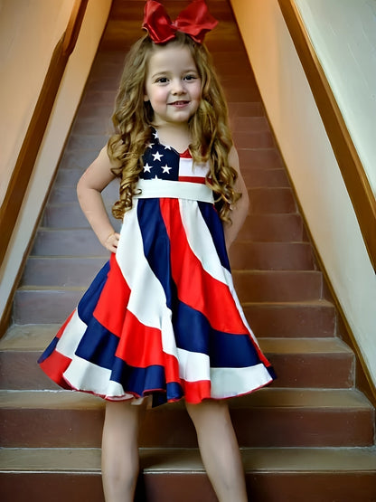 Girls’ Independence Day Twirl Dress – Red, White & Blue Stars & Stripes Short-Sleeve 4th of July Summer Dress