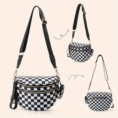 Trendy Shell Shoulder Bag – Lightweight Crossbody Bag with Black & White Grid Design, Outdoor Sports Handbag