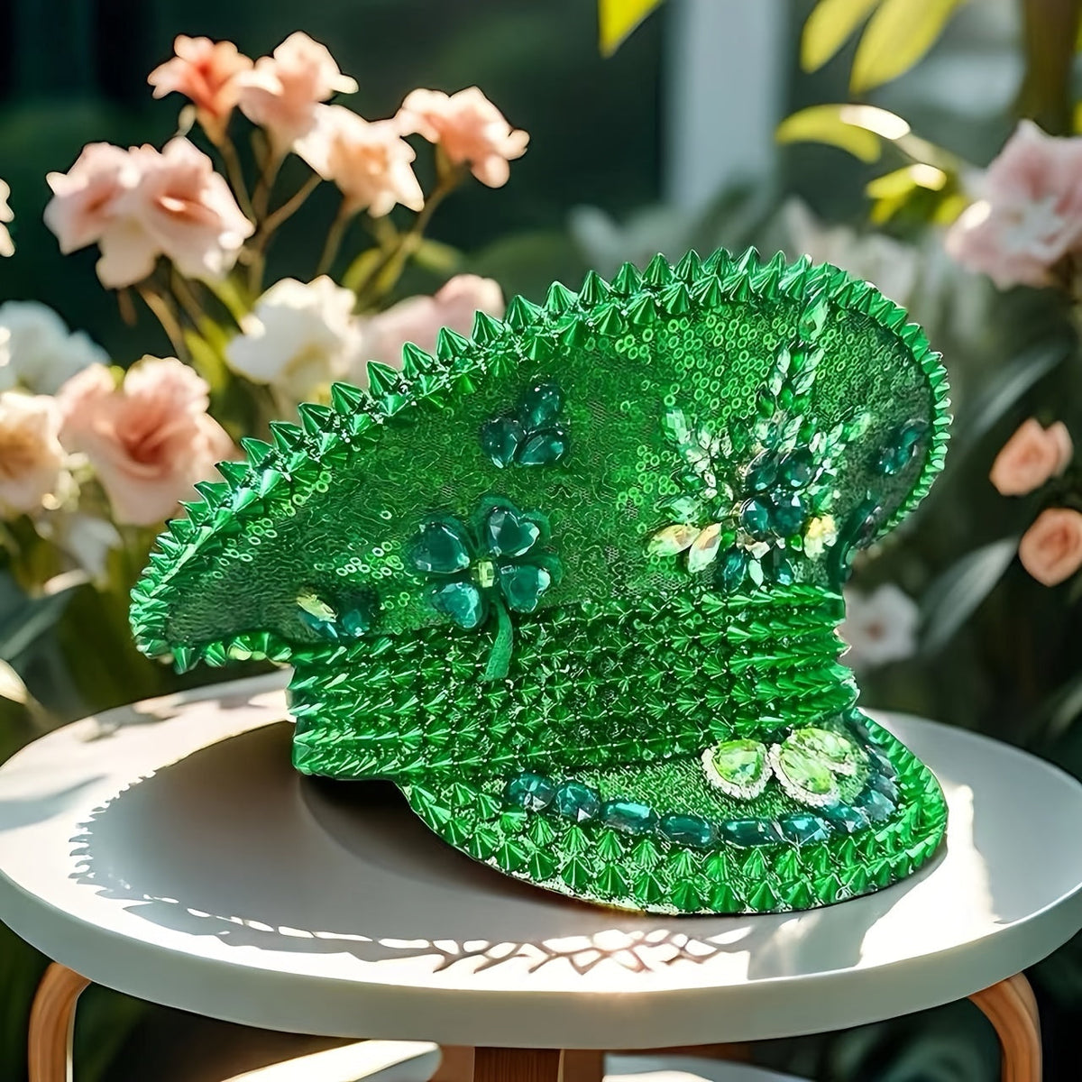 Green Sequin Pirate Hat with Clover – Unisex Steampunk Party Costume Accessory for St. Patrick’s Day, Carnival, Bar or Cruise Wear
