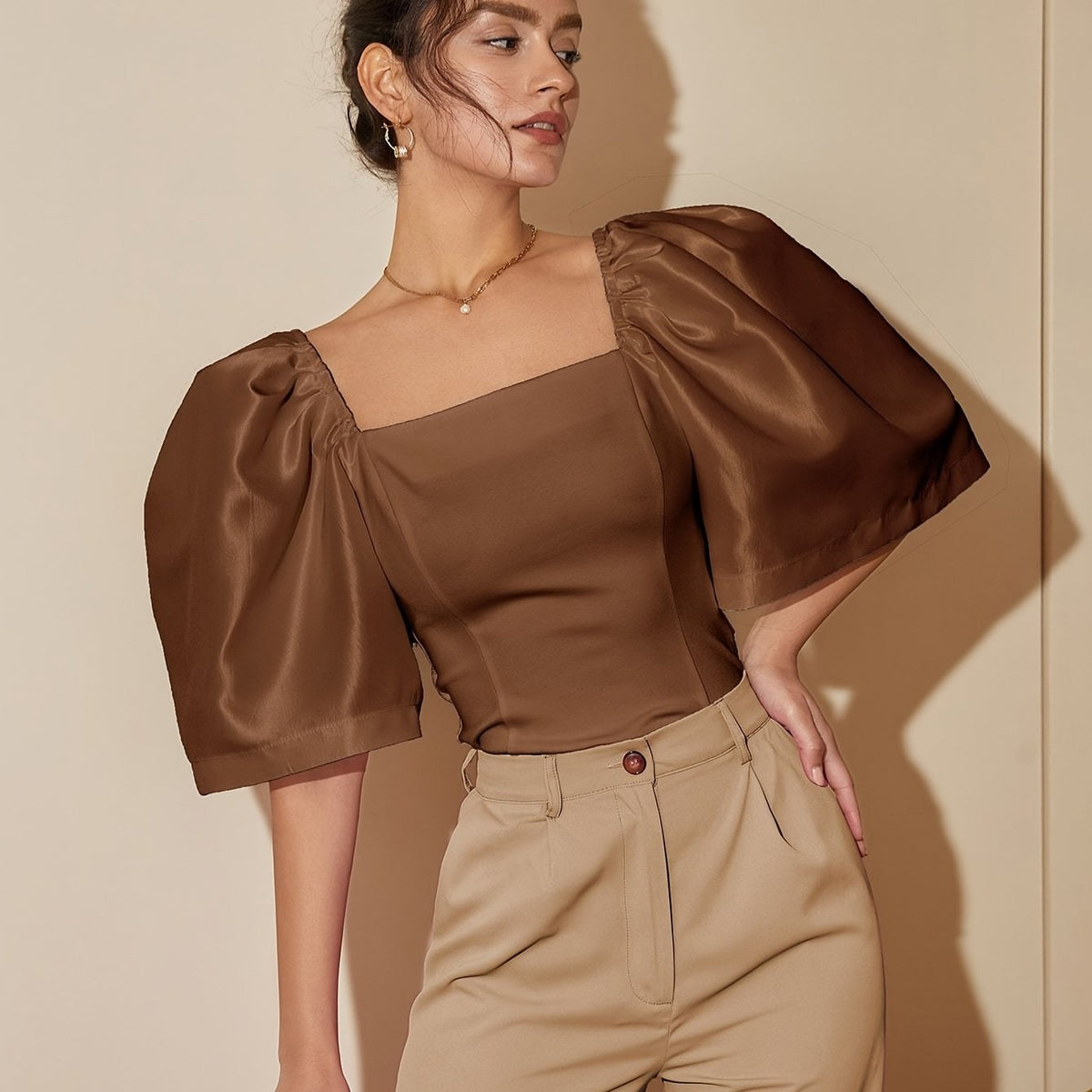 Chic Square Neck Lantern Sleeve Blouse – Woven Polyester Women’s Fashion Top for Spring/Summer Street Style with a Flattering Skinny Fit