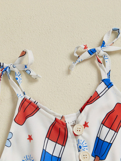 Patriotic Girls’ Sleeveless 4th of July Romper – Red White & Blue Star Print Jumpsuit with Ruffle Hem & Tie Straps