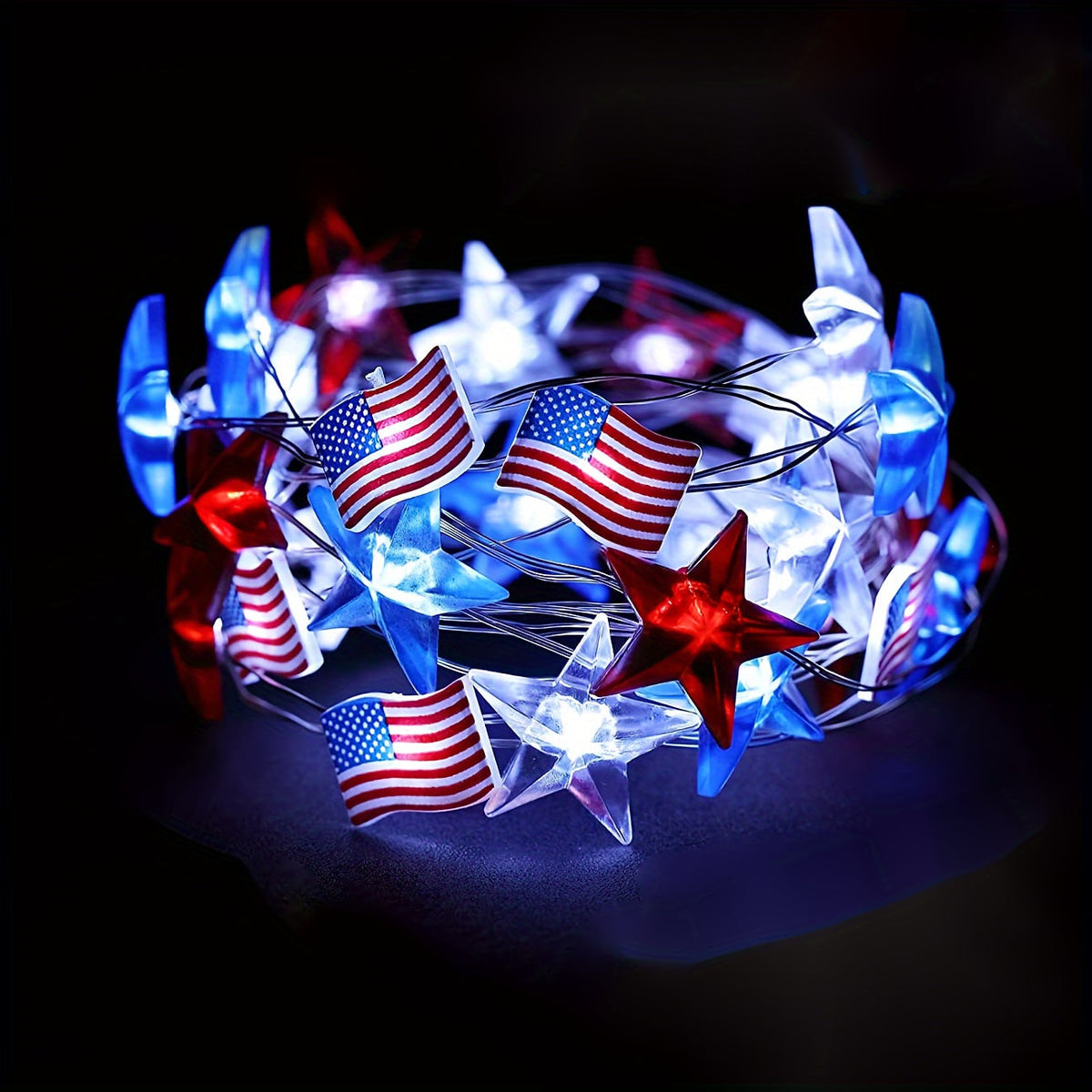 American Flag Copper Wire String Lights – Battery Powered LED Patriotic Lighting for Independence Day Celebrations