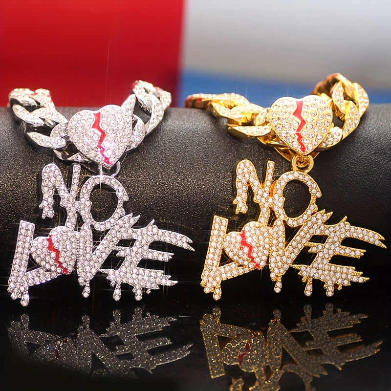 Shiny No Love Pendant Necklace – Iced Cuban Chain Hip Hop Jewelry for Men and Women Streetwear Style Gifts