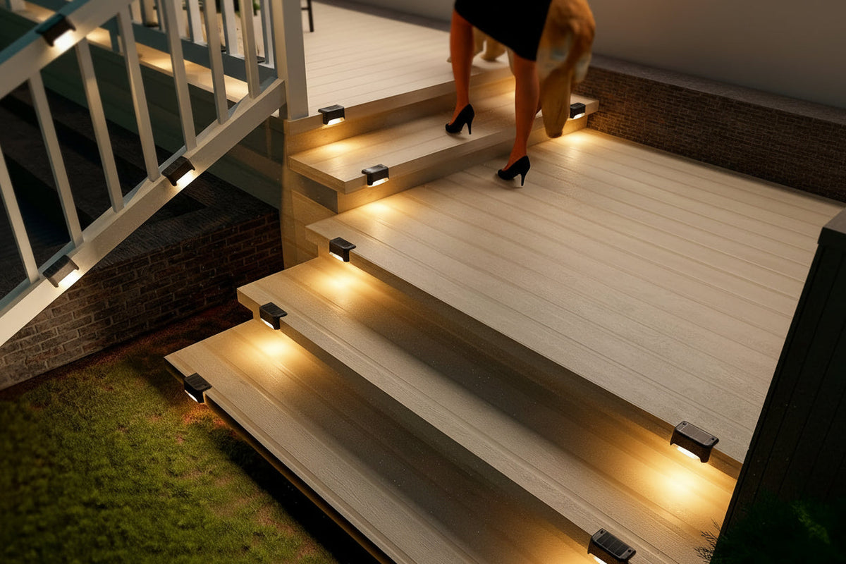 Outdoor Stair & Pathway Solar LED Deck Lights – 16pcs Lighting System with Auto On/Off, 12-Hour Runtime, Warm White Glow & Easy Installation for Homes, Hotels, Malls & Commercial Spaces