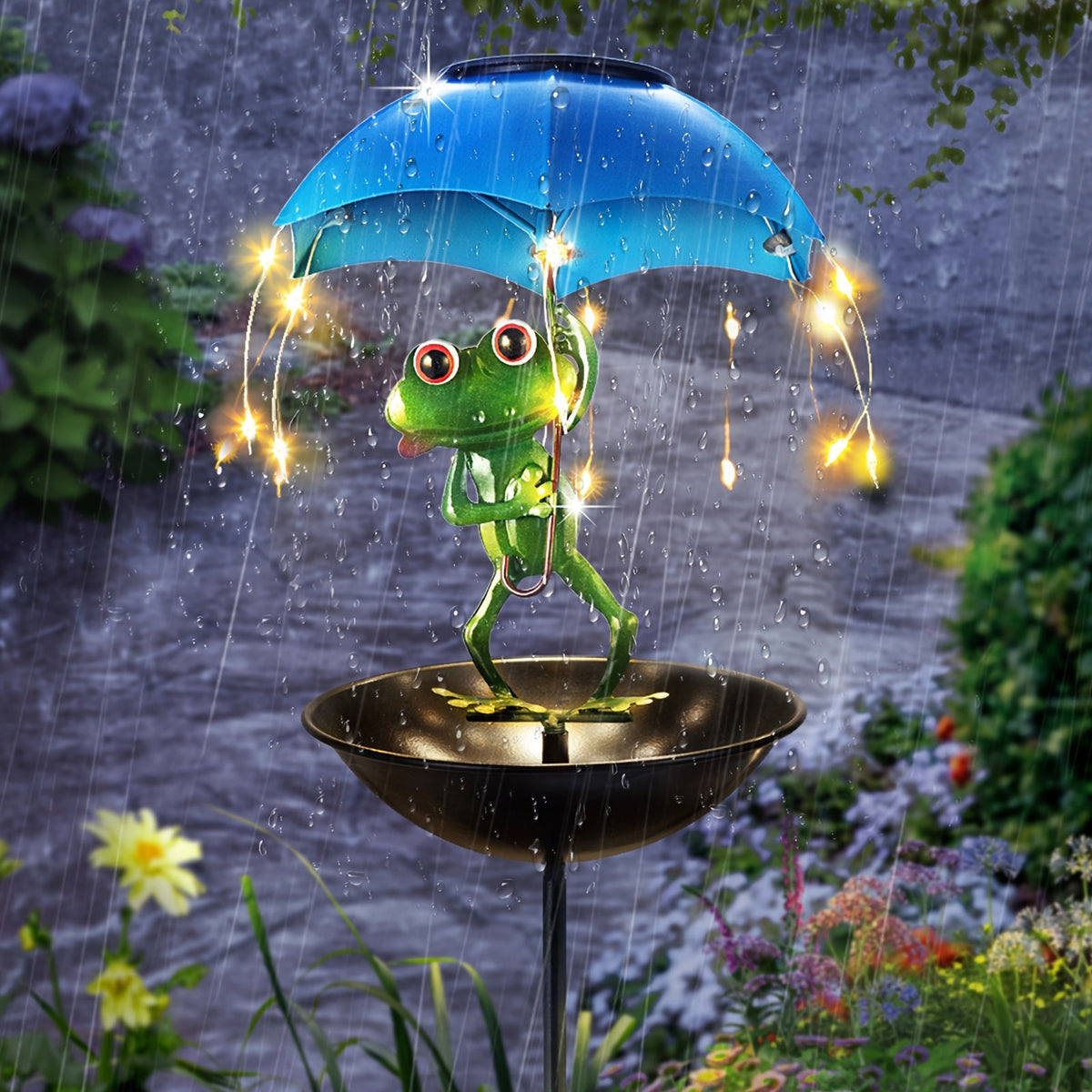 Outdoor Frog Statue Solar Street Light –  Garden Decor with LED String Lights, Bird & Hummingbird Feeder Channel for Lawns, Terraces, Aisles & Pathway Illumination
