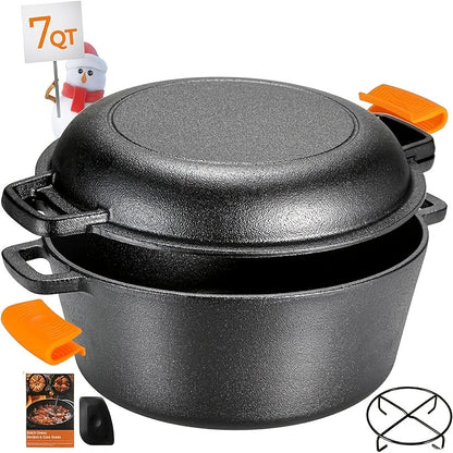 Heavy-Duty Cast Iron Dutch Oven Set – 2-in-1 Convertible Pot & Lid with Silicone Grips for Indoor and Outdoor Cooking Versatility