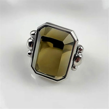 Fashion Square Natural Stone Crystal Ring - 2024 Gold-Plated Brass Jewelry for Women, Light Luxury European and American Style