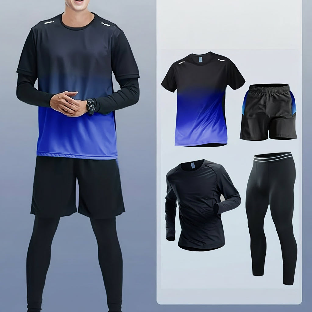 Men’s Four Piece Athletic Set – Gradient Compression Pants, Tee, Shorts & Leggings for Running, Gym Training & Active Performance