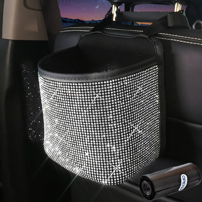 Rhinestone Car Trash Can Set – 2-Piece  Sparkling Hanging Auto Garbage Bin with Trash Bags for Car Interior Storage & Organization
