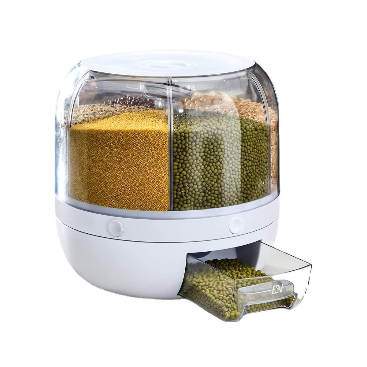 Six Compartment Rotating Cereal Dispenser – Dry Food Storage Organizer for Kitchen, Easy Access, and Space-Saving Pantry Design