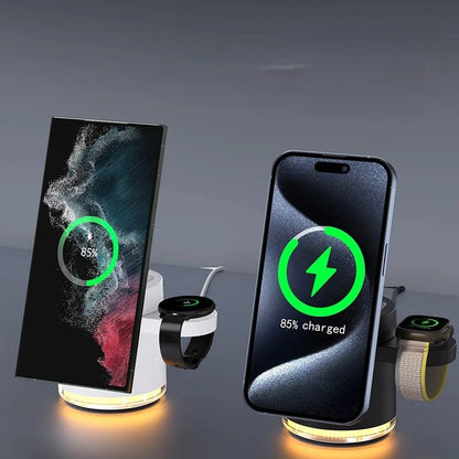 Fast Charging Wireless Charger with LED Light – 3-in-1 Charger with Foldable Stand for iPhone 15/14/13/12, Apple Watch & AirPods 15W