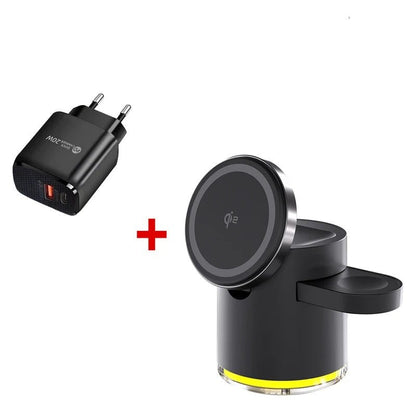 Fast Charging Wireless Charger with LED Light – 3-in-1 Charger with Foldable Stand for iPhone 15/14/13/12, Apple Watch & AirPods 15W