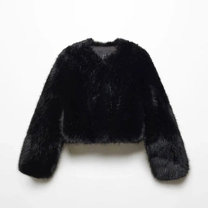 Faux Fur Coat for Women– Cozy V-Neck Loose Jacket for Women’s Chic Autumn & Winter Street Style