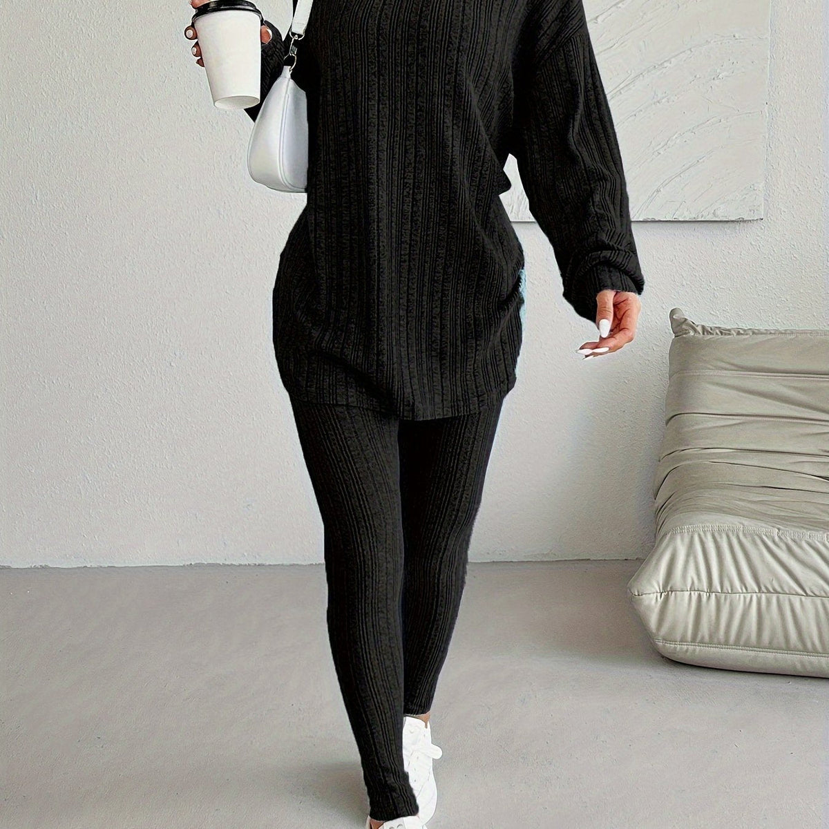 Women's Casual Ribbed Two-Piece Lounge Set – Hooded Long Sleeve Top & Fitted Pants for Relaxed Daily Wear or Travel Outfits