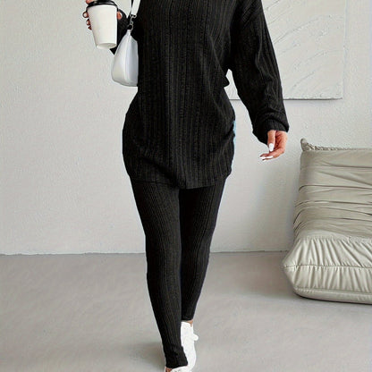 Women's Casual Ribbed Two-Piece Lounge Set – Hooded Long Sleeve Top & Fitted Pants for Relaxed Daily Wear or Travel Outfits