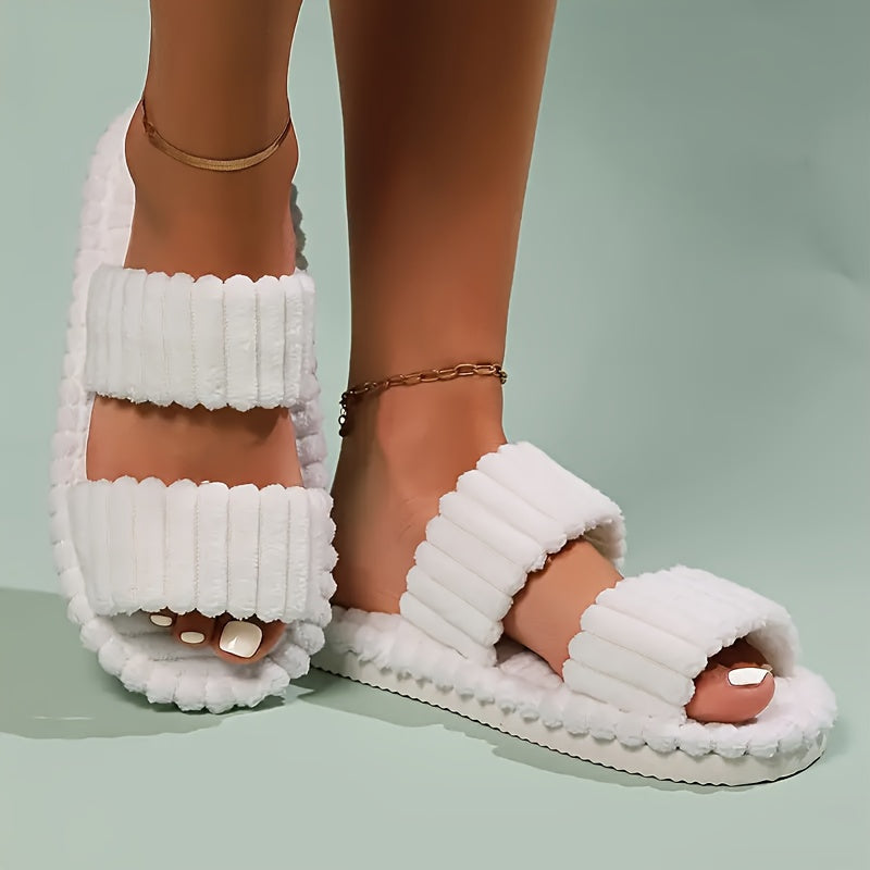 Women's Elegant Plush Slippers - Warm Lining, Open-Toe Style, Non-Slip Sole for Indoor Cozy Comfort & Style