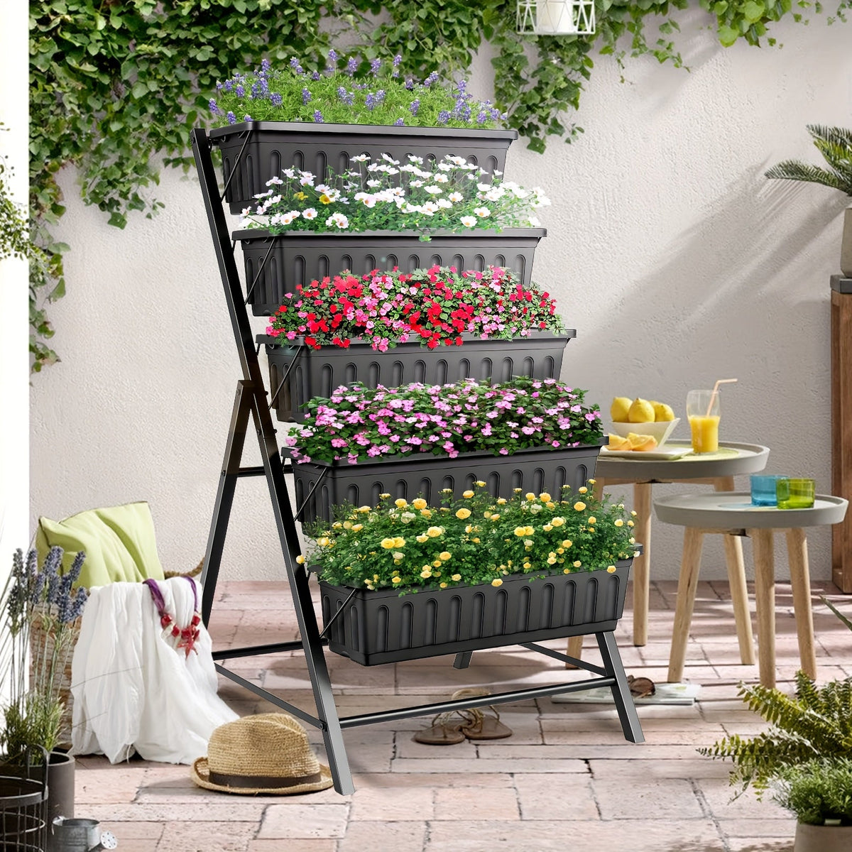 Five Tier Vertical Garden Planter Box – 4 Feet Space-Saving Wall Grower for Herbs, Flowers, or Veggies that Beautifies Small Areas