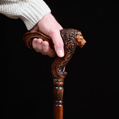 Wooden Walking Stick Cane Lion Head - Palm Grip Ergonomic Handle